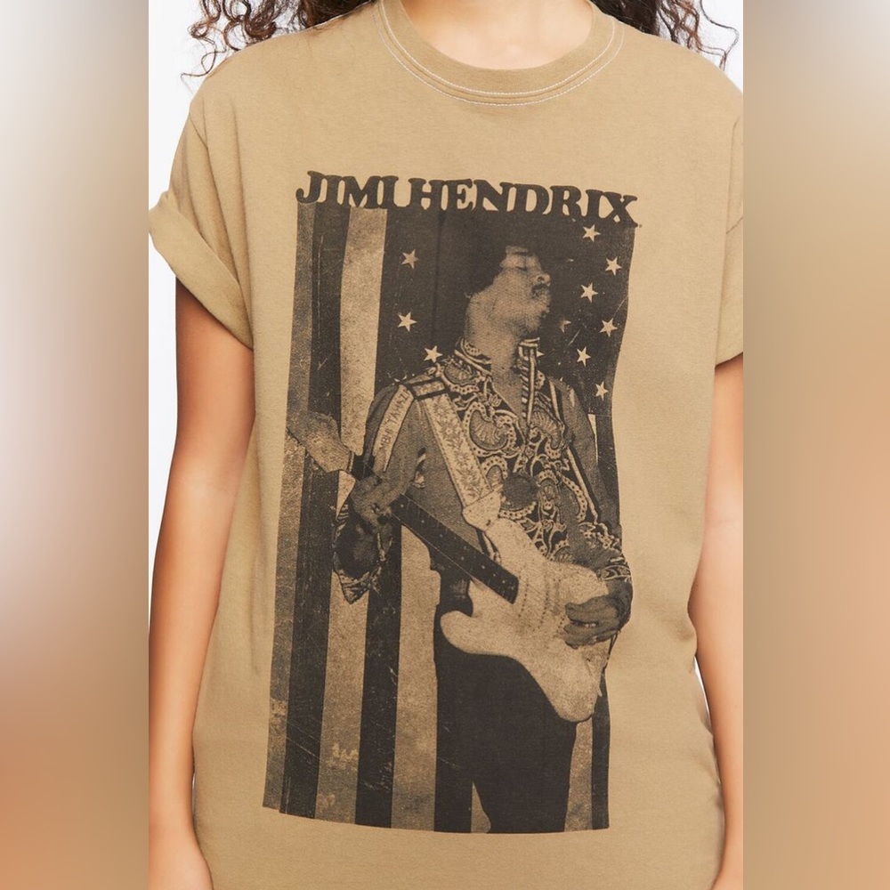 Jimi Hendrix Olive Army Green / Tan Brown Short Sleeve Graphic Tee T-Shirt - S/M